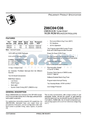 Z86C0412SEC datasheet - CMOS 8-bit low-cost microcontroller. 12 MHz, 1 Kbyte ROM, 125 bytes RAM, 3.0V to 5.5V