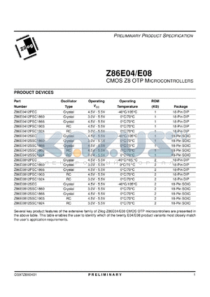 Z86E0412PSC1860 datasheet - CMOS Z8 OTP microcontroller. 12 MHz, 1 Kbyte ROM, 125 bytes RAM, 14 I/O, 3.0V to 5.5V