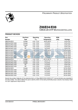 Z86E0412SSC1924 datasheet - CMOS Z8 OTP microcontroller. 12 MHz, 1 Kbyte ROM, 125 bytes RAM, 14 I/O, 3.0V to 5.5V