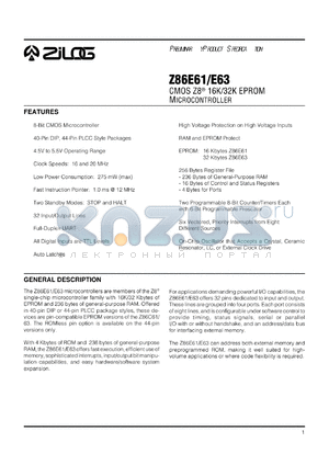 Z86E6116PSC datasheet - CMOS Z8 microcontroller. 16 MHz, 16 Kbytes EPROM, 236 bytes RAM, 32 I/O, 4.5V to 5.5V