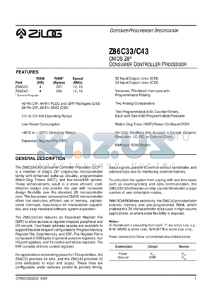 Z86C3312PEC datasheet - CMOS Z8 consumer controller processor. ROM 4 KB, RAM 237 bytes, speed 12 MHz, 24 lines I/O, 3.0V to 5.5V