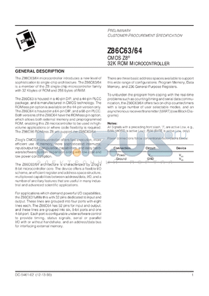 Z86C6316PEC datasheet - CMOS Z8 microcontroller. ROM 32 Kbytes, RAM 256 bytes, speed 16 MHz