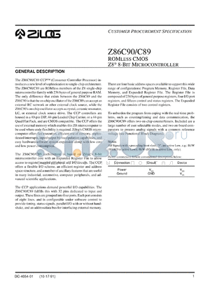 Z86C9008FSC datasheet - ROMLESS CMOS Z8 8-bit microcontroller. RAM 236 bytes, speed 8 MHz