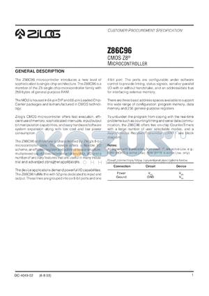 Z86C9616PSC datasheet - CMOS Z8 microcontroller. RAM 256 bytes, speed 16 MHz