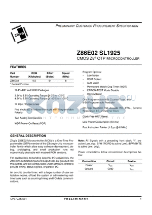 Z86E0208SSCSL1925 datasheet - CMOS Z8 OTP microcontroller. ROM 0.5 Kbytes, RAM 61 bytes, speed 8 MHz, 3.5 V to 5.5 V