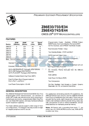 Z8673316PSC datasheet - CMOS Z8 OTP microcontroller. ROM 8 Kbytes, RAM 237 bytes, I/O 24, speed 16 MHz, 3.5 V to 5.5 V