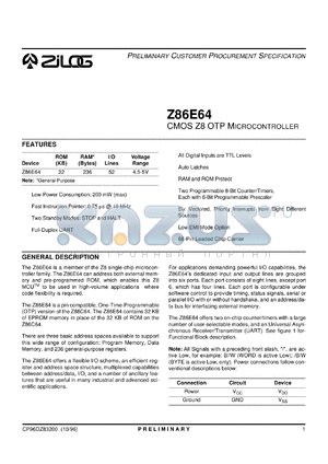 Z86E6416VSC datasheet - CMOS Z8 microcontroller. ROM 32 KB, RAM 236 Bytes, I/O lines 52, 4.5 V to 5 V