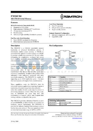 FM24C04-P datasheet - 4Kb FRAM serial memory. 5V operation