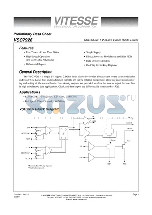 VSC7926KFL datasheet - SDH/SONET 2.5Gb/s laser diode driver