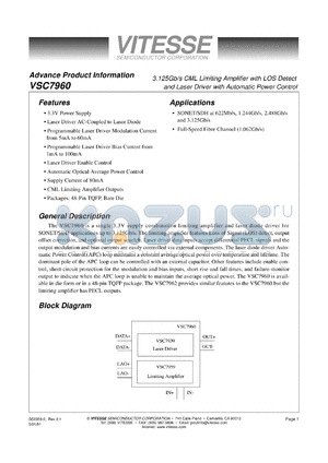 VSC7960RO datasheet - 3.125Gb/s CML limiting amplifier with LOS detect and laser diode with automatic power control
