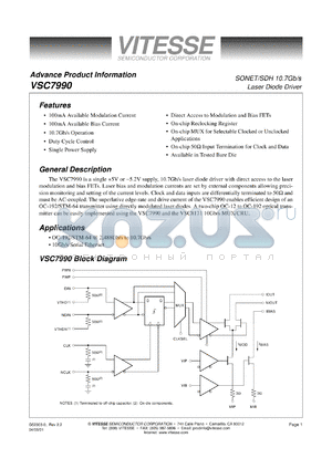 VSC7990W datasheet - SONET/SDH 10.7Gb/s laser diode driver