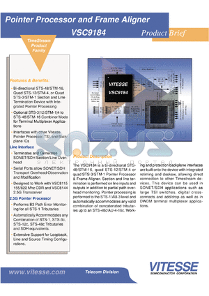 VSC9184 datasheet - Pointer processor and frame aligner. 3.3V I/O and 2.5 core power supplies
