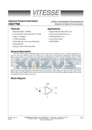 VSC7709WB datasheet - 1.25Gb/s photodetector amplifier for optical communication. 3.3V supply