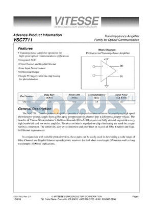 VSC7711X datasheet - Transimpedance amplifier for optical communication. 5V supply