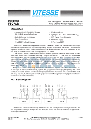 VSC7121QM datasheet - Quad port bypass for 1.0625 Gb/s fibre channel arbitrated loop disk arrays