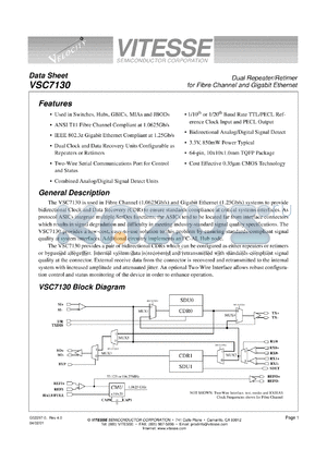 VSC7130RC datasheet - Dual repeater/retimer  for fibre channel and gigabit ethermet. 3.3V, 850mW