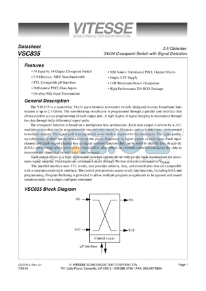 VSC835UB datasheet - 2.5 Gb/s 34x34 crosspoint switch with signal detection