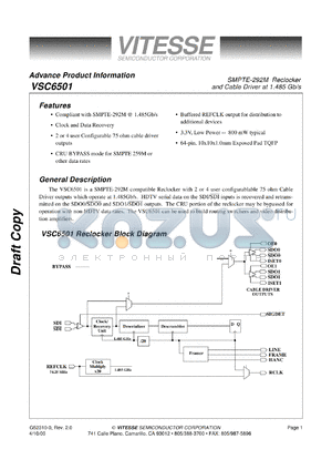 VSC6501RC datasheet - SMPTE-292M reclocker and cable driver at 1.485 Gb/s