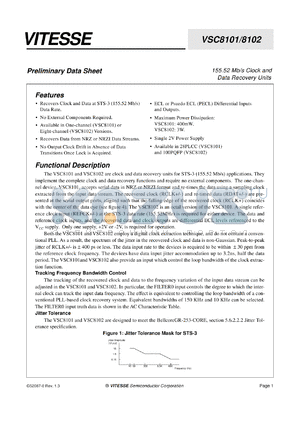 VSC8101JA datasheet - 155.55 Mb/s clock and data recovery unit. 400mW, 2V power supply