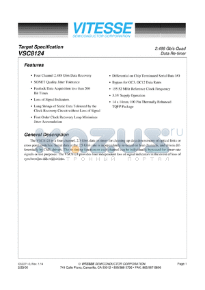 VSC8124RE datasheet - 2.488 Gb/s quad data re-timer. 3.3 supply operation