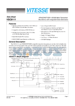 VSC8111QB1 datasheet - ATM/SONET/SDH 155/622 Mb/s transceiver mux/demux with integrated clock generation