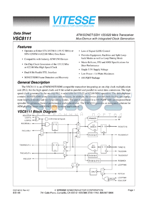 VSC8111QB2 datasheet - ATM/SONET/SDH 155/622 Mb/s transceiver mux/demux with integrated clock generation