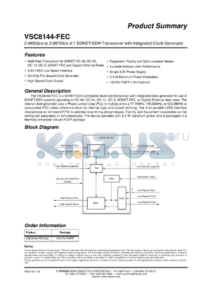 VSC8144-FECQQ datasheet - 2.488 Gb/s to 2.667 Gb/s 4:1 SONET/SDH transceiver with integrated clock generator