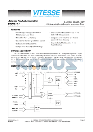 VSC8161 datasheet - 2.488 Gb/s SONET/SDH 16:1 Mux with clock generator and laser driver