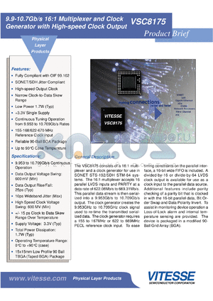 VSC8175 datasheet - 9.9-10.7 Gb/s 16:1 multiplexer and clock generator with high-speed clock output