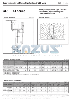GL5HV44 datasheet - 5mm(T-1 3/4), cylinder type, colorless transparency, high-luminosity LED lamp for outdoor use