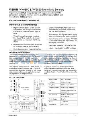 VV6850 datasheet - Monolithic sensor with support for external FPN cancellation