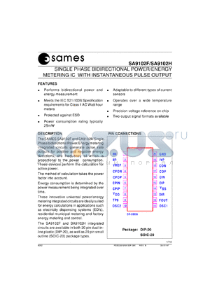 SA9102FPA datasheet - Single phase bidirectional power/energy metering IC instaneous pulse output