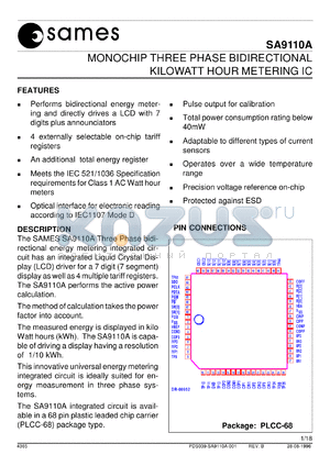 SA9110AFA datasheet - Monochip three phase bidirectional kilowatt hour metering IC