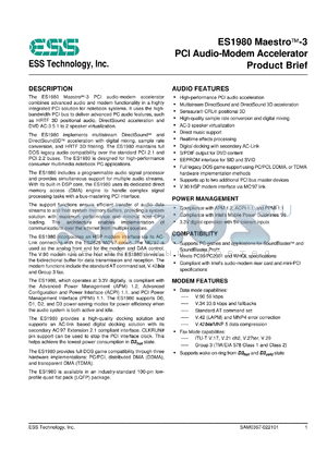 ES1980S datasheet - PCI audio modem accelerator