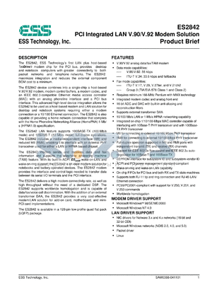 ES2842S datasheet - PCI integrated LAN V.90/V.92 modem