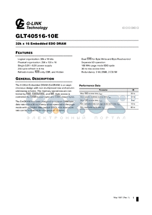 GLT40516-10E datasheet - 32k x 16 embedded EDO DRAM
