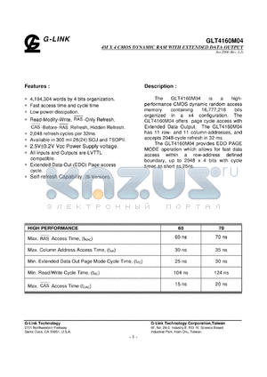 GLT4160M04-60J3 datasheet - 60ns; 4K x 4 CMOS dynamic RAM with extended data output