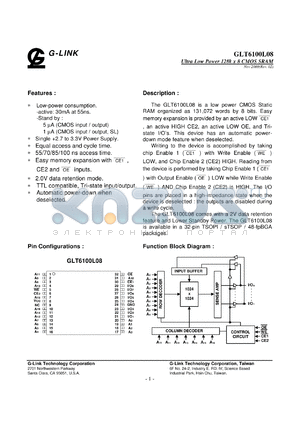 GLT6100L08LL-55TS datasheet - 55ns; Ultra low power 128k x 8 CMOS SRAM