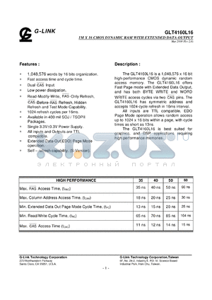 GLT4160L16-40TC datasheet - 40ns; 1k x 16 CMOS dynamic RAM with extended data output