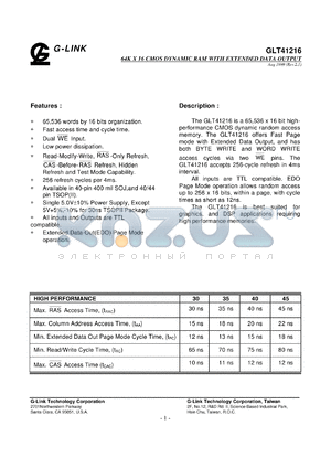 GLT41216-40J4 datasheet - 40ns; 64K x 16 CMOS dynamic RAM with extended data output