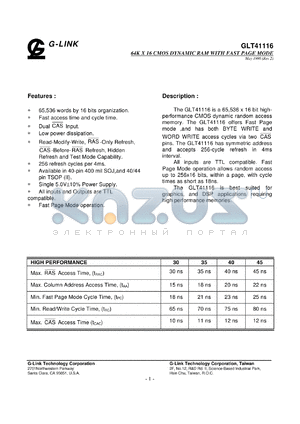 GLT41116-40TC datasheet - 40ns; 64K x 16 CMOS dynamic RAM with fast page mode