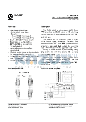 GLT6100L08SL-55TC datasheet - 55ns; Ultra low power 64K x 16 CMOS SRAM