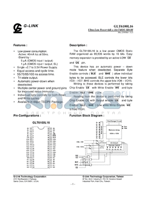 GLT6100L08SL-70TC datasheet - 70ns; Ultra low power 64K x 16 CMOS SRAM