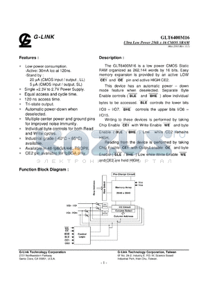 GLT6400M16LL-120TC datasheet - 120ns; Ultra low power 256K x 16 CMOS SRAM