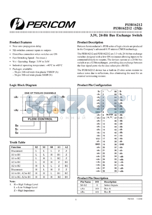 PI3B162212 datasheet - 3.3V, 24-bit bus exchange switch