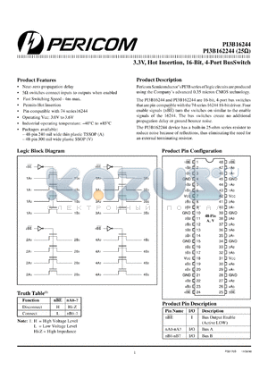 PI3B162244 datasheet - 3.3V, hot insertion 16-bit 4-port bus switch