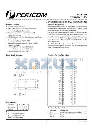 PI3B16862V datasheet - 3.3V, 20-bit, 2-port bus switch