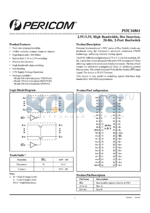 PI3C16861A datasheet - 2.5/3.3V, high bandwidth, 20-bit,2-port bus switch