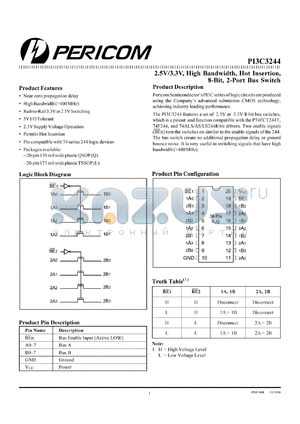 PI3C3244Q datasheet - 2.5/3.3V, high bandwidth, hot insertion, 8-bit, 2-port bus switch