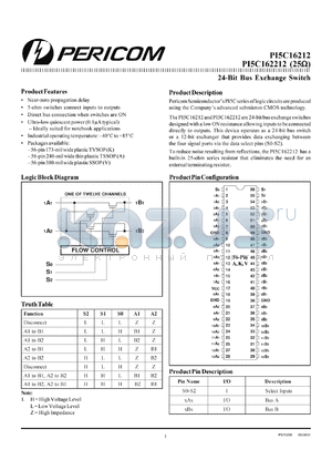 PI5C162212A datasheet - 24-bit bus exchange switch